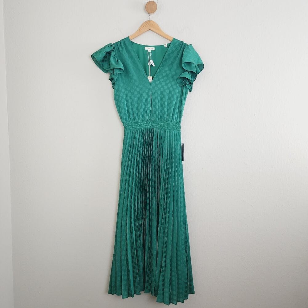 Max Studio Jade Green Pleated Satin Polka Dot Midi Dress NWT Flutter Sleeve Sm - Picture 5 of 12